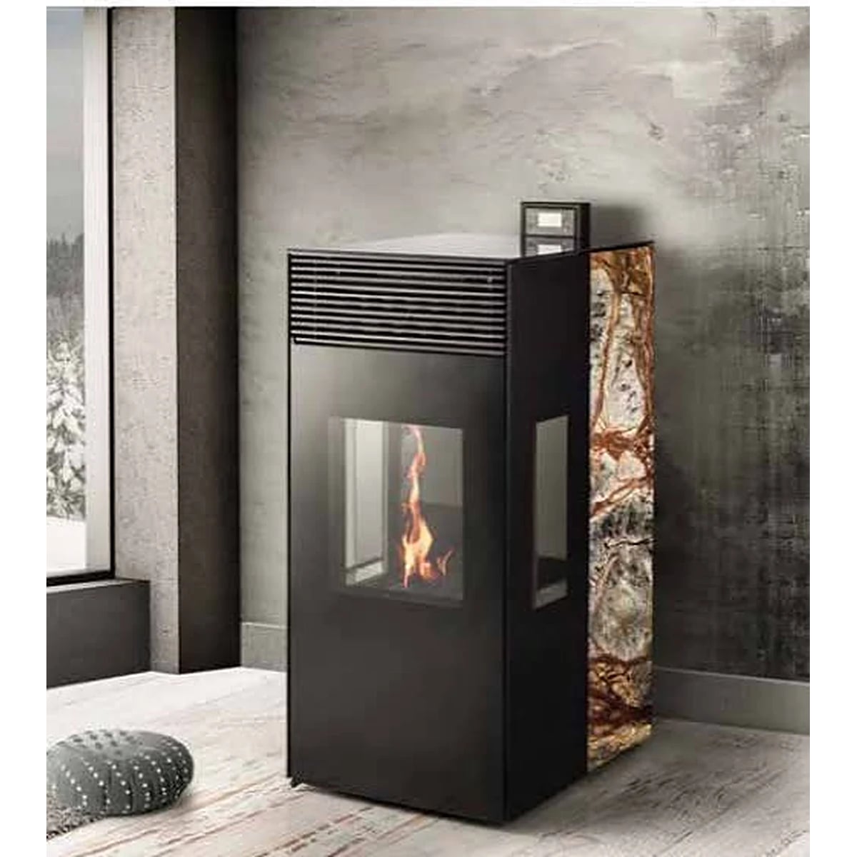 Peletmax Akik 14 kW Mermer Desenli Yan Camlı Pelet Sobası – ortam görseli