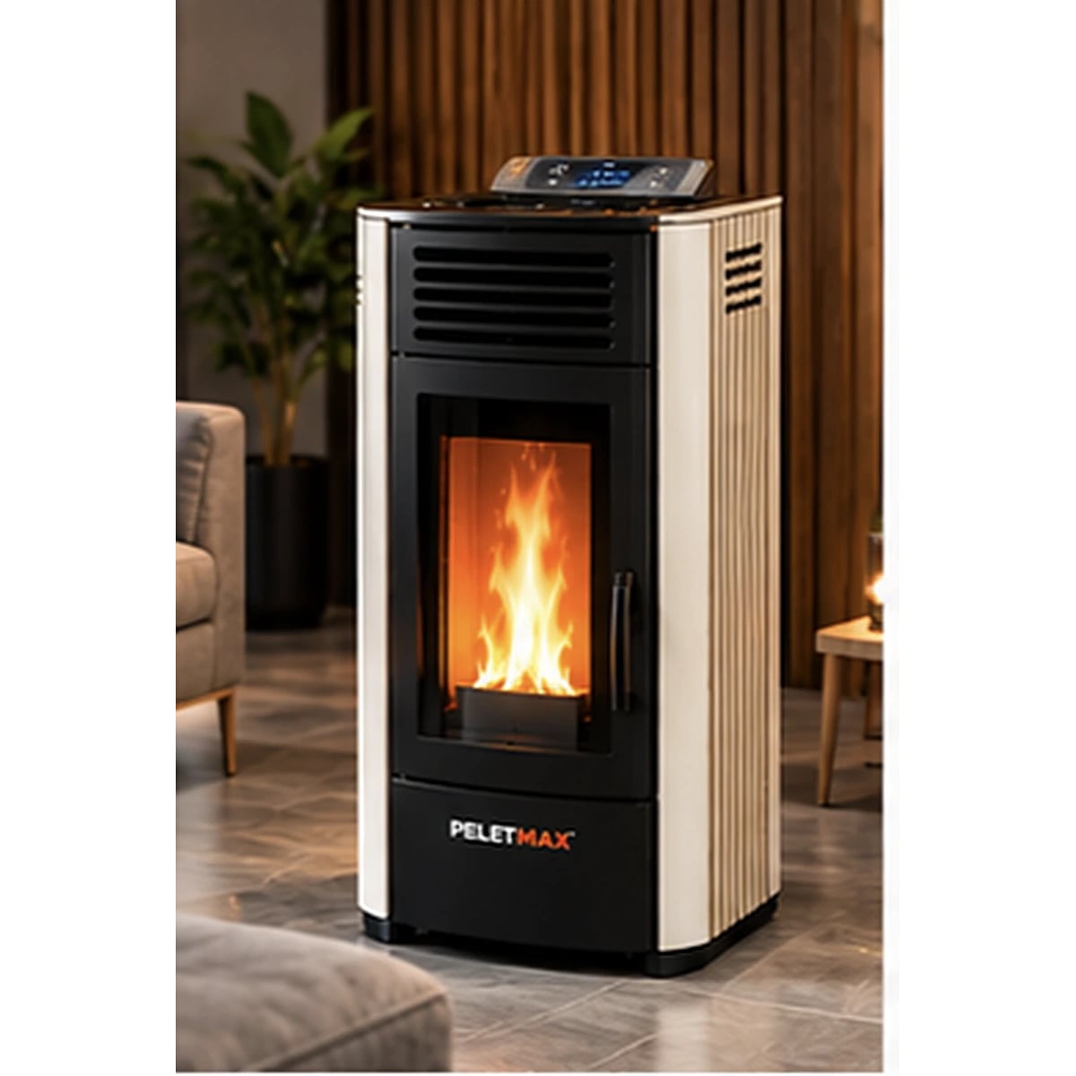 Peletmax Lina 12 kW Krem Çizgili Yanaklı Pelet Sobası – ortam görseli