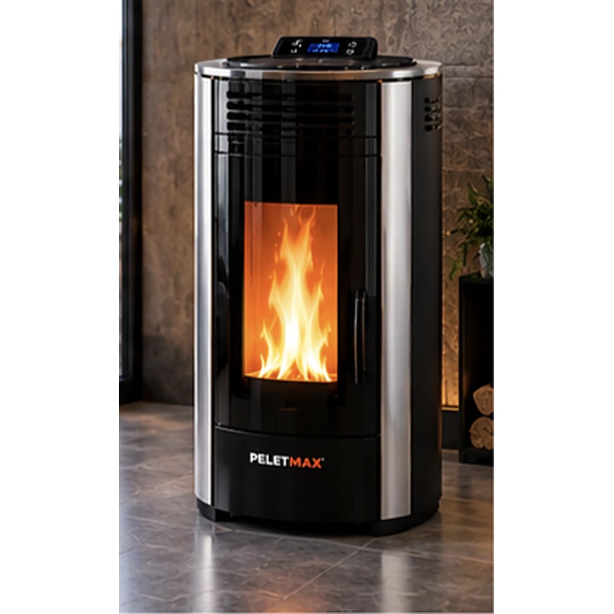 Peletmax Siena 12 kW Krom Yanaklı Pelet Sobası – ortam görseli