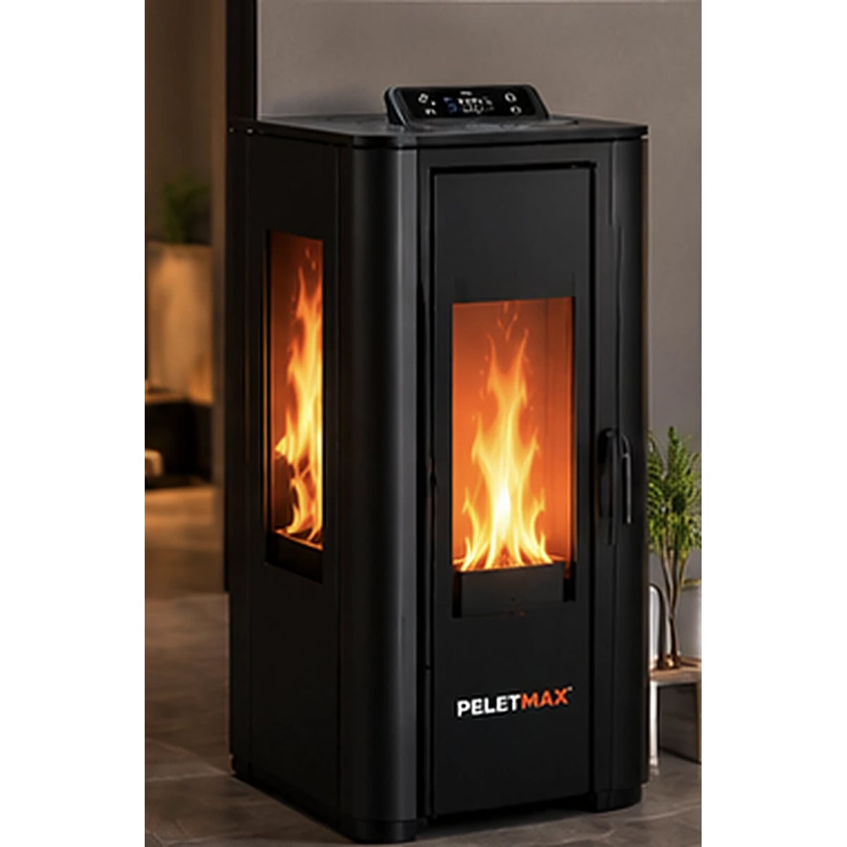 Peletmax Triya 14 kW 3 Tarafı Camlı Pelet Sobası – ortam görseli